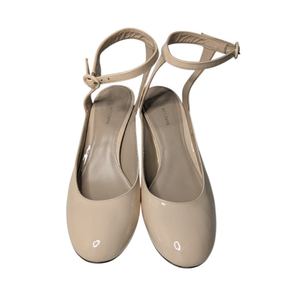 Stuart Weitzman Shape Cashew Gloss Patent Leather Halo Strap Heels Size 7 Block - Picture 5 of 15